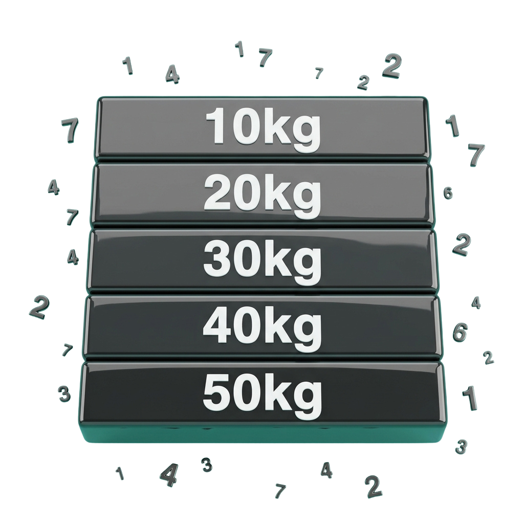 Stack of five weight plates labeled 10kg, 20kg, 30kg, 40kg, and 50kg with scattered numbers around them