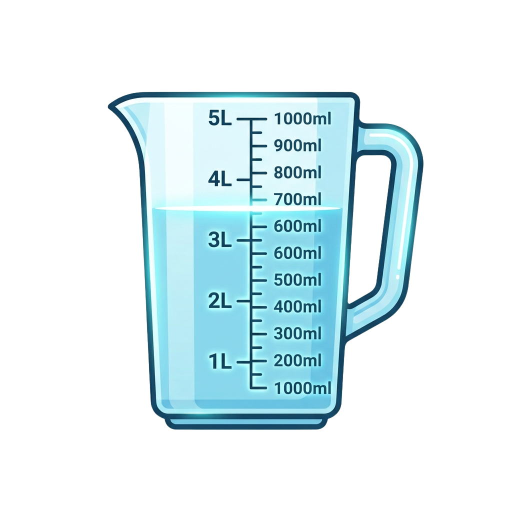 A transparent measuring pitcher showing volume markings from 1000ml to 5L