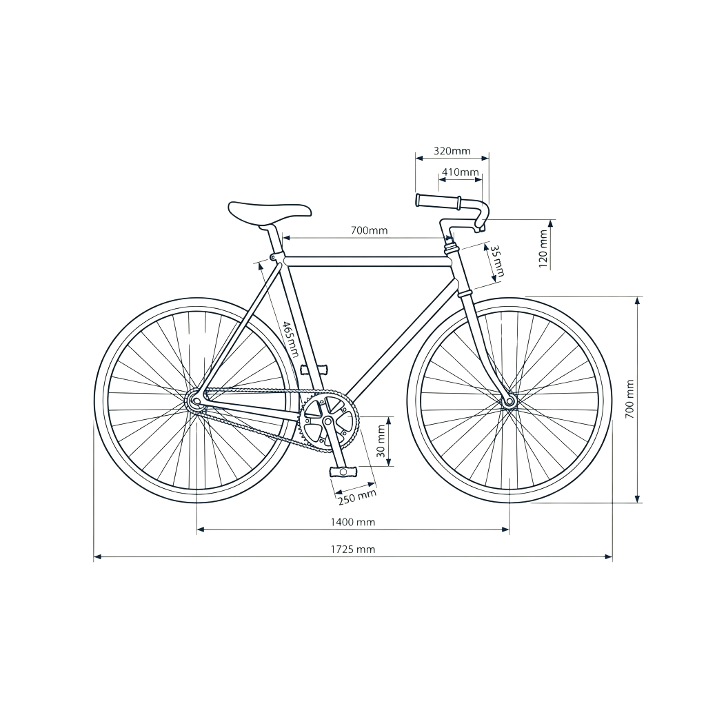 Technical drawing of a road bike showing measurements and key components