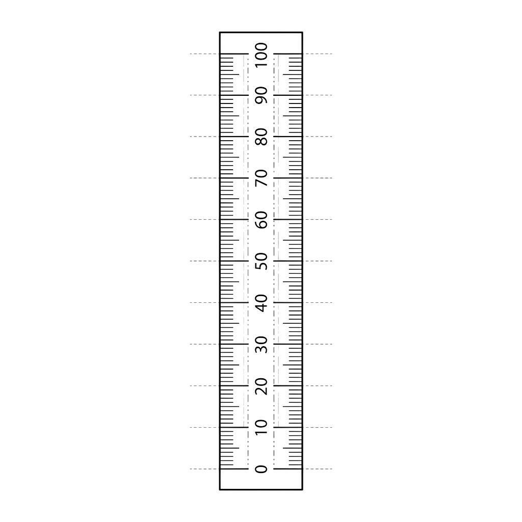 A black and white vertical ruler scale with measurements from 0 to 90 in increments of 10, with smaller subdivisions.