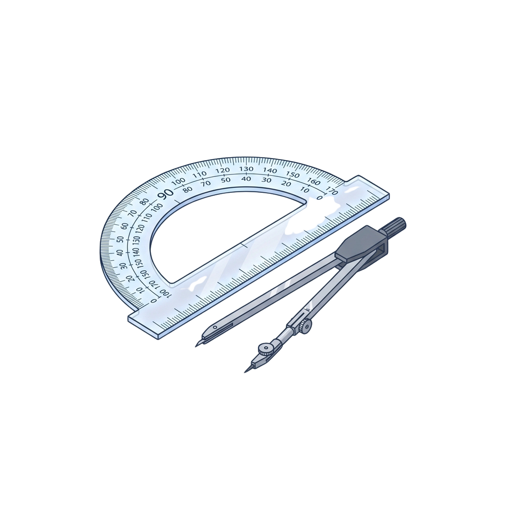 A set of drafting tools including a protractor, compass, and straightedge ruler on a black background