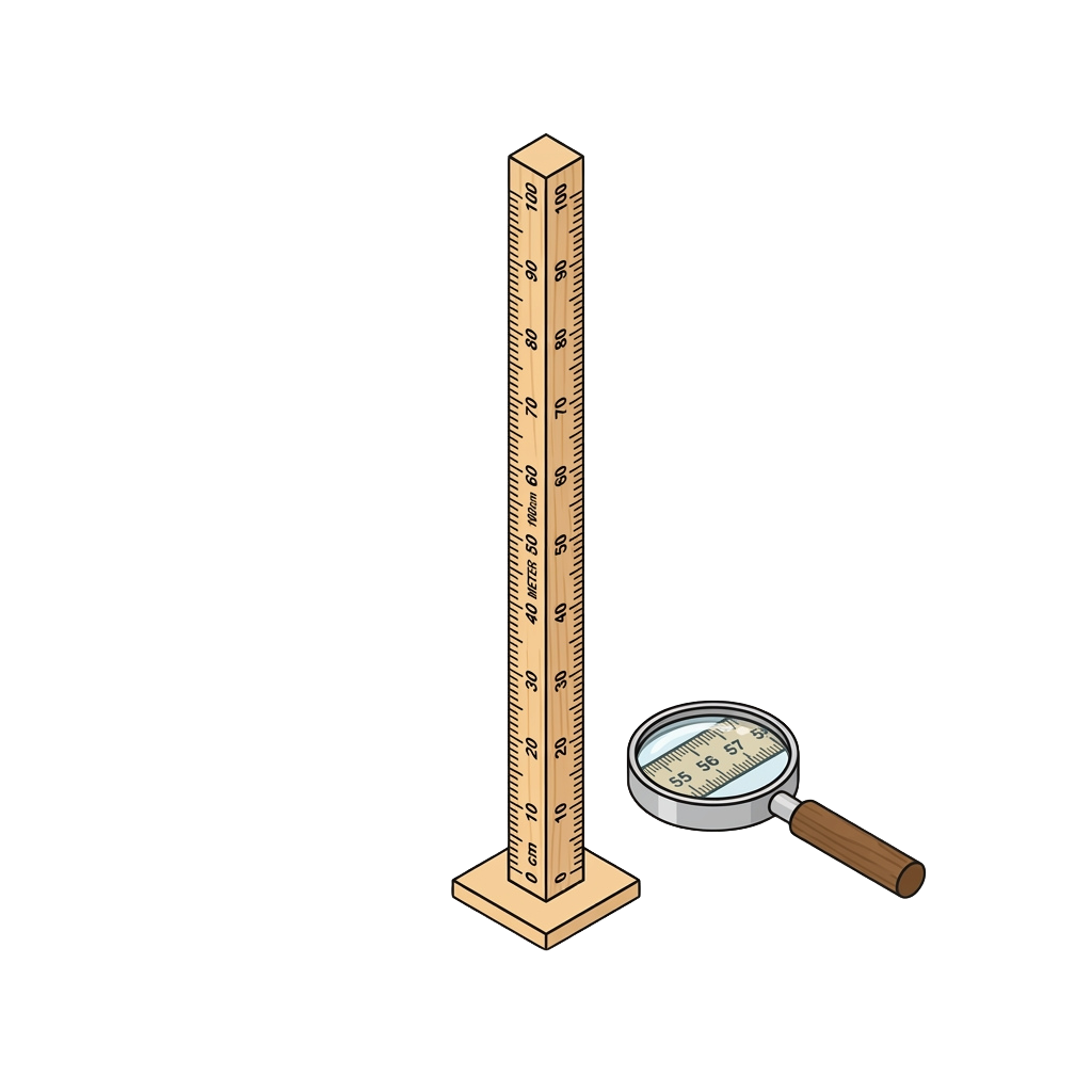 A tall wooden ruler with centimeter and millimeter markings next to a magnifying glass showing a close-up view of the ruler’s scale