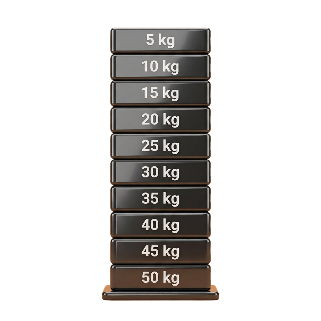 Stack of metallic weight plates labeled 5 kg to 50 kg in 5 kg increments
