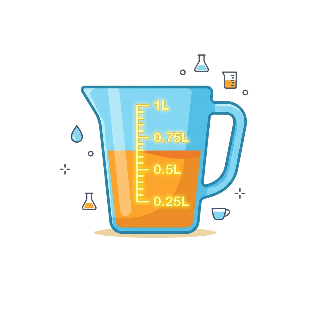 A blue measuring pitcher filled with liquid up to 0.75L mark, surrounded by brewing icons like a flask and coffee cup