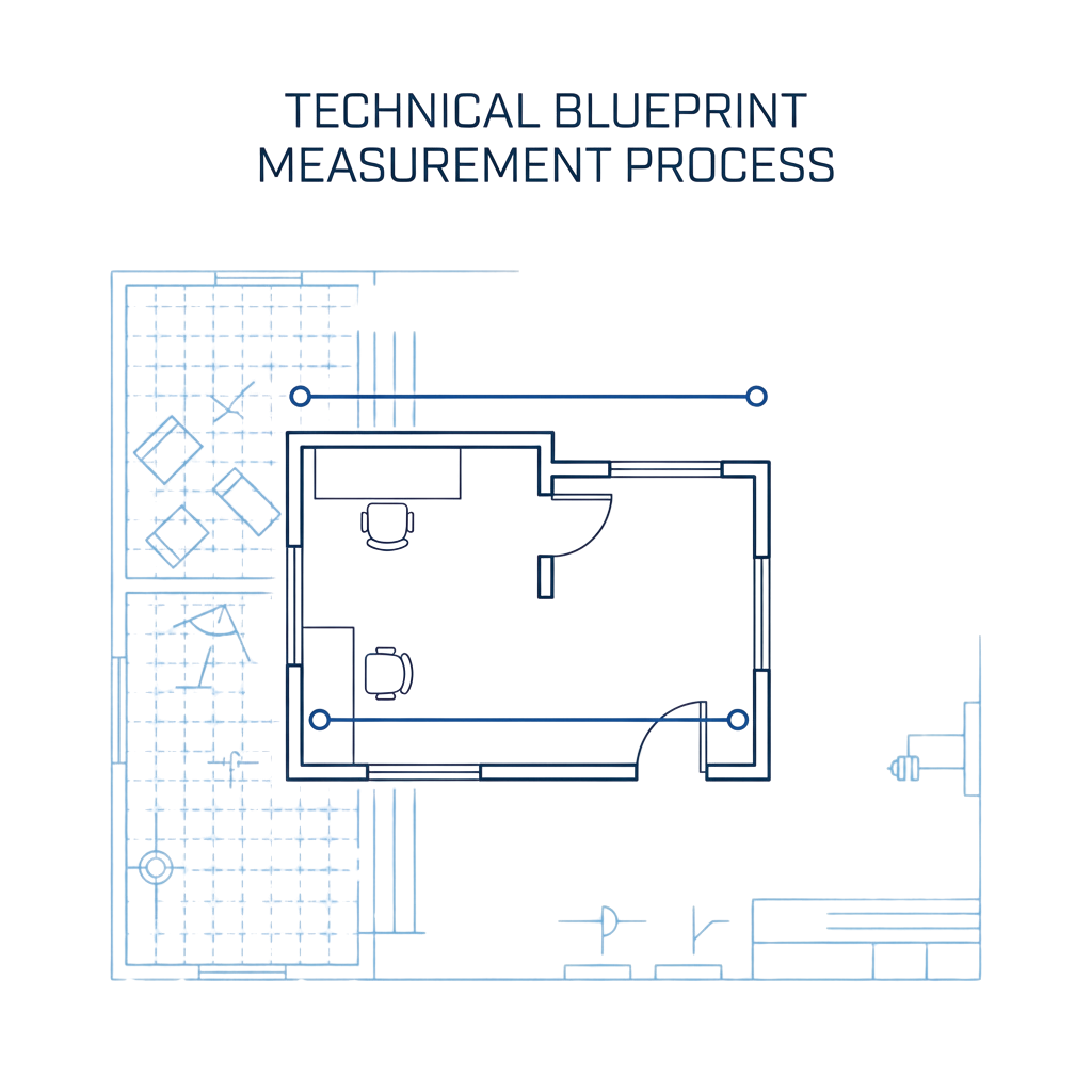 A technical blueprint showing a floor plan with measurement annotations and process flow lines