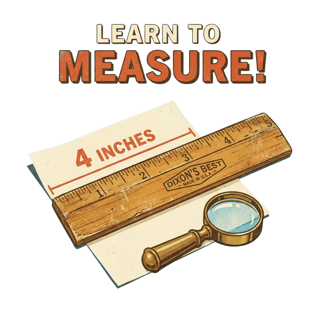 Illustration showing a wooden ruler measuring 4 inches with a magnifying glass emphasizing precision.
