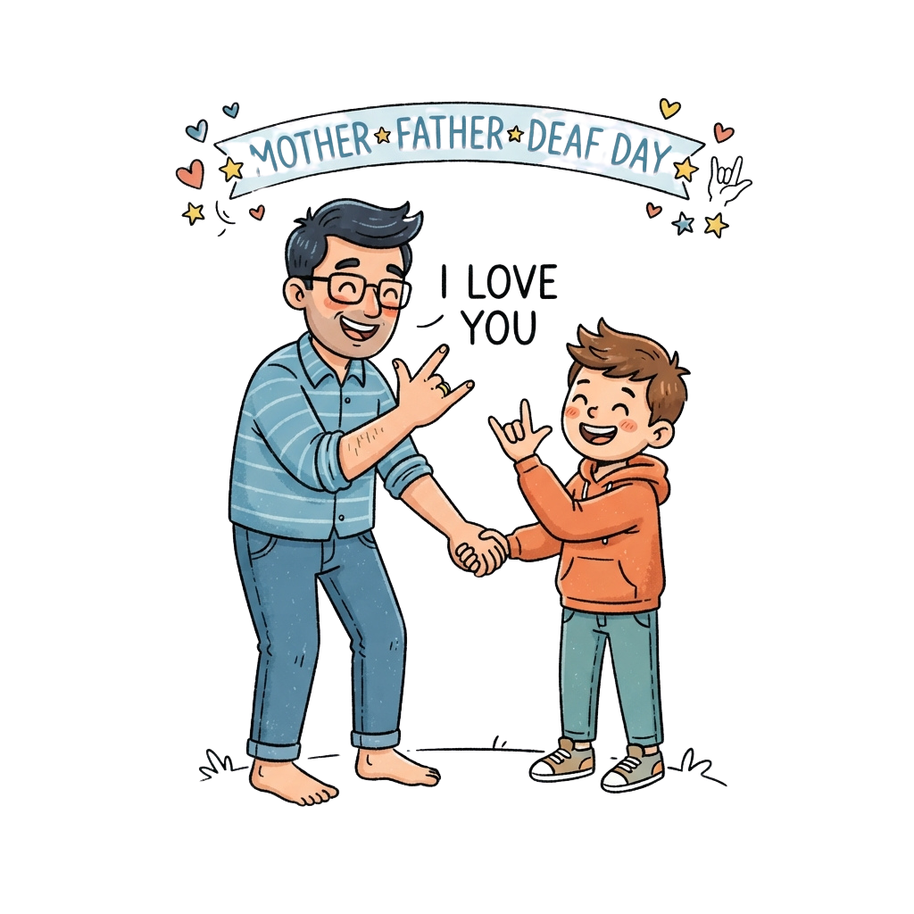 Happy father and son giving a handshake and peace sign, celebrating Mother Father Day