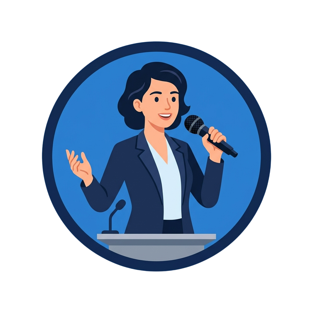 Illustration of a woman in business attire speaking at a podium with a microphone.