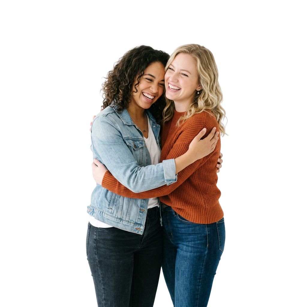 Two smiling women embracing each other in a friendly hug, wearing casual clothing.