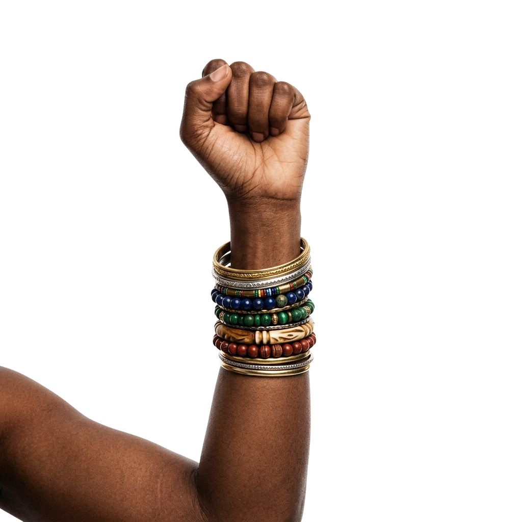 A clenched fist wearing multiple colorful bracelets against a dark background