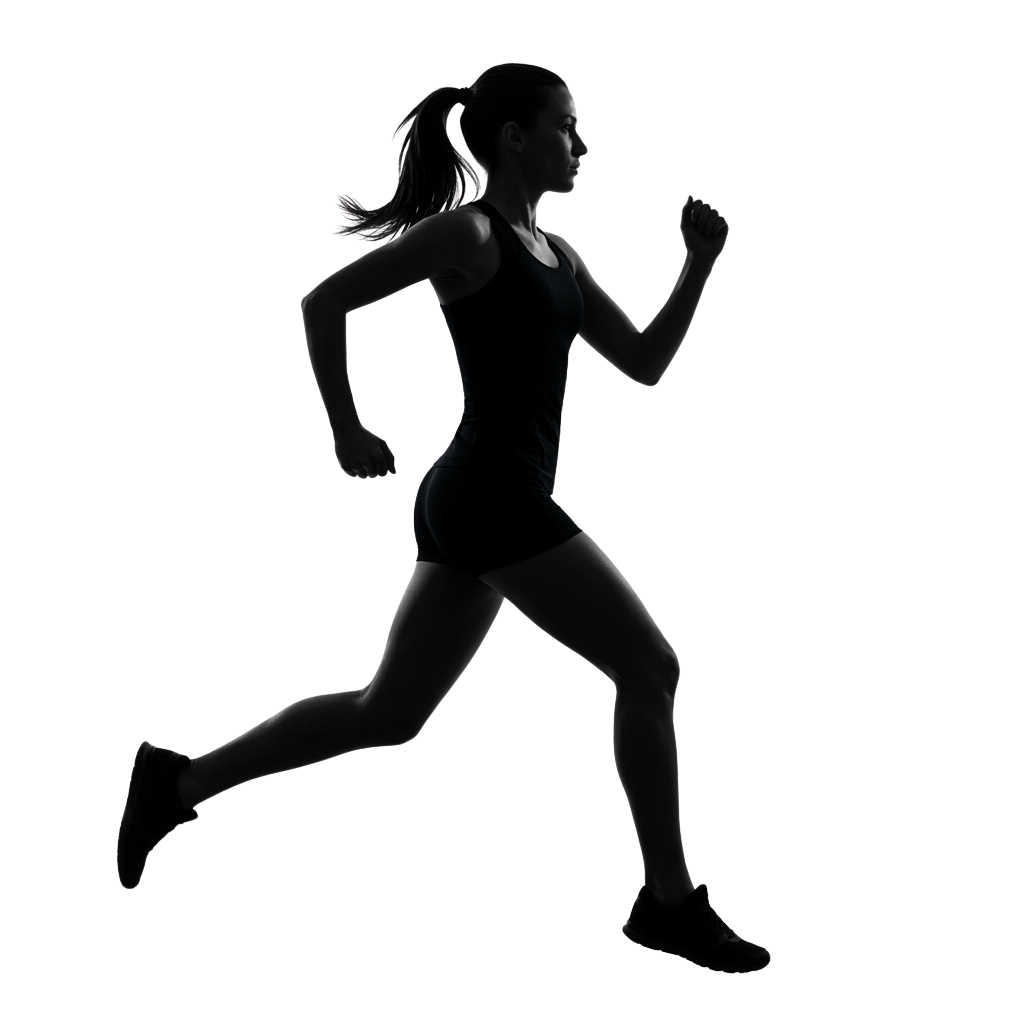 Silhouette of a person running with arms swinging and hair pulled back against a black background