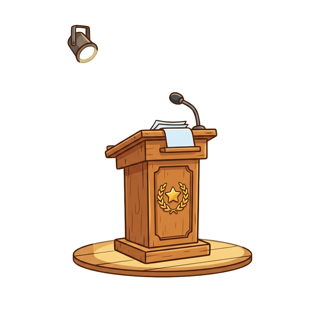 Illustration of a wooden podium with a microphone and a spotlight above it on a dark background