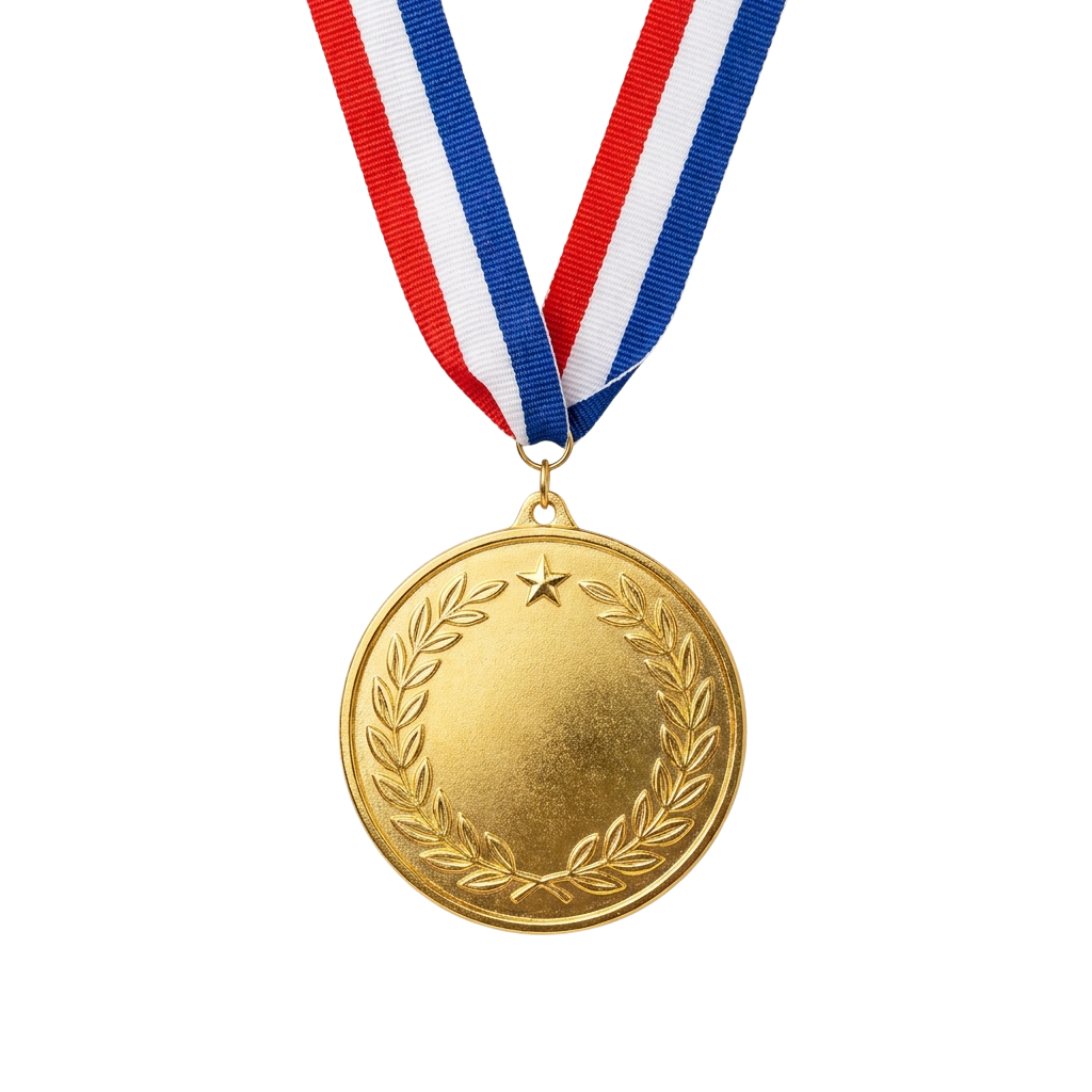 A gold-colored medal featuring a laurel wreath and star, hanging from a ribbon with red, white, and blue stripes