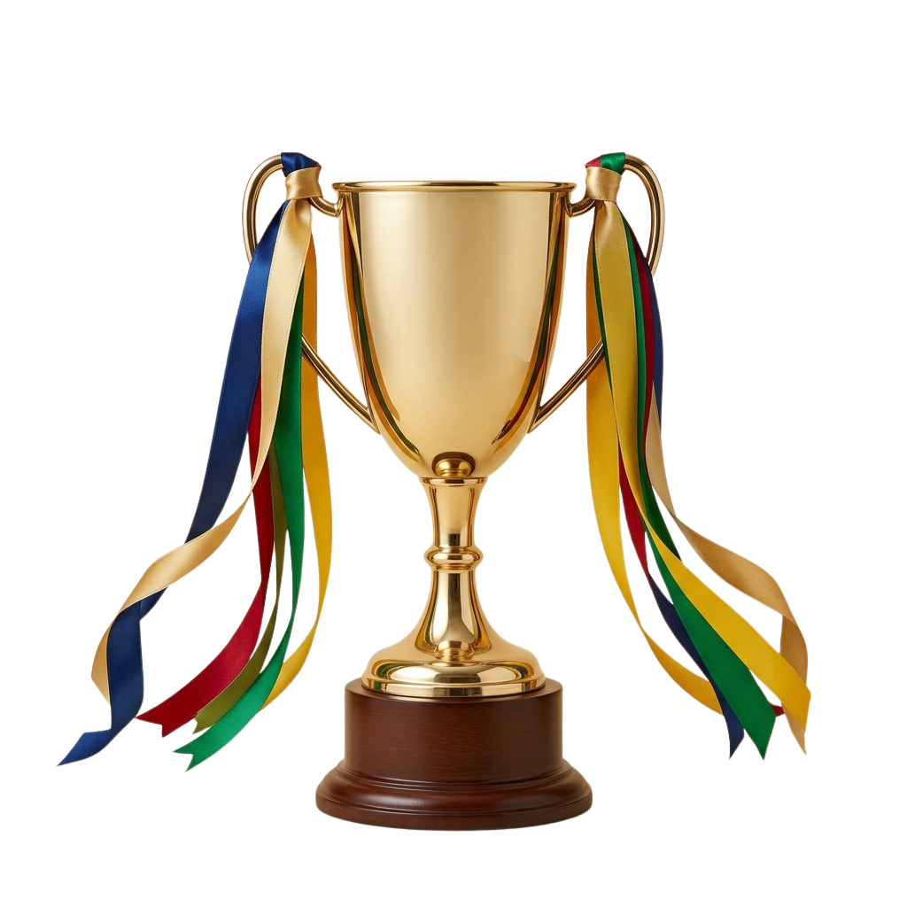 A golden trophy with two ribbons in blue, green, yellow, and red colors draped over the handles against a black background