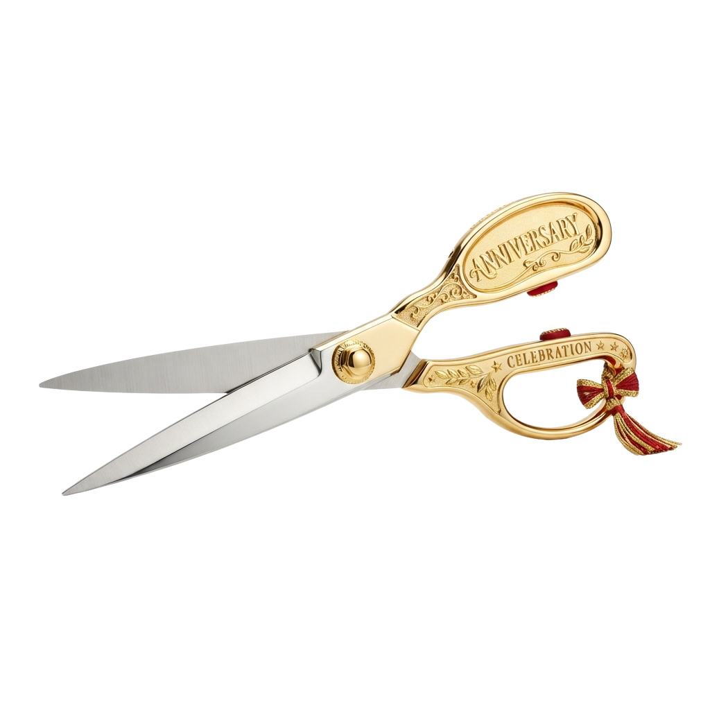Gold-colored decorative scissors with anniversary celebration inscriptions and a red ribbon bow on the handle
