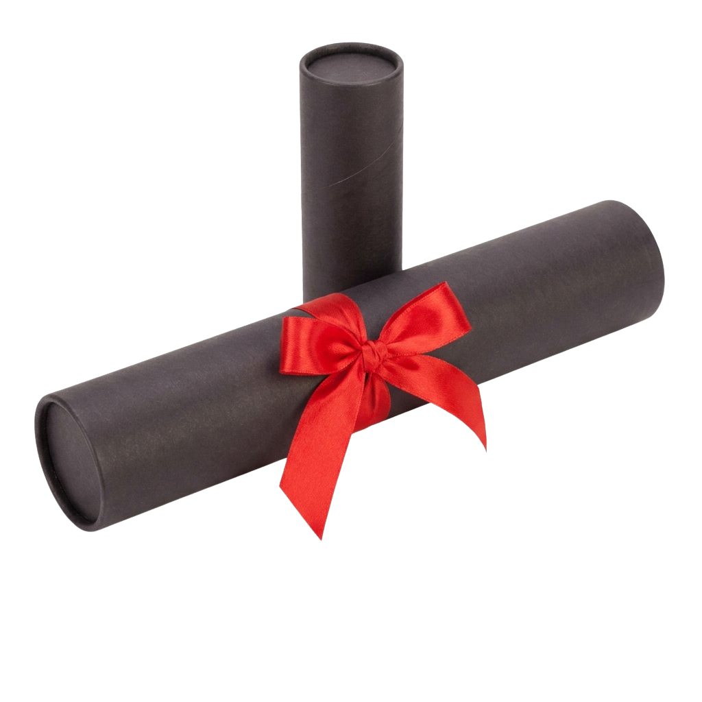 Two black cylindrical tubes, one with a red satin ribbon tied in a bow, against a black background