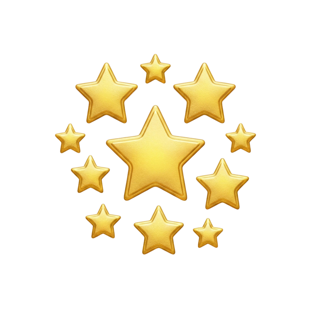 Nine glowing golden stars arranged in a circular pattern on a black background