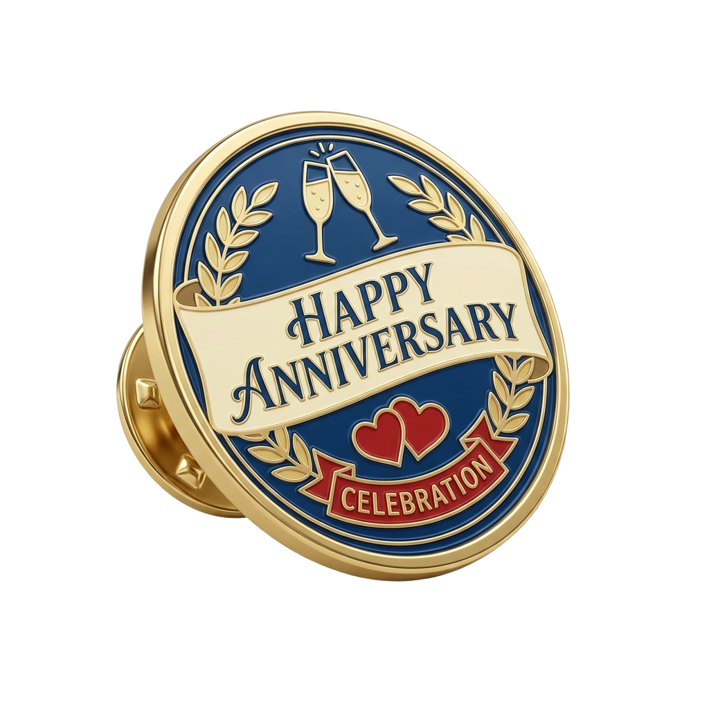 Gold anniversary pin featuring blue background, champagne glasses, hearts, and Happy Anniversary text