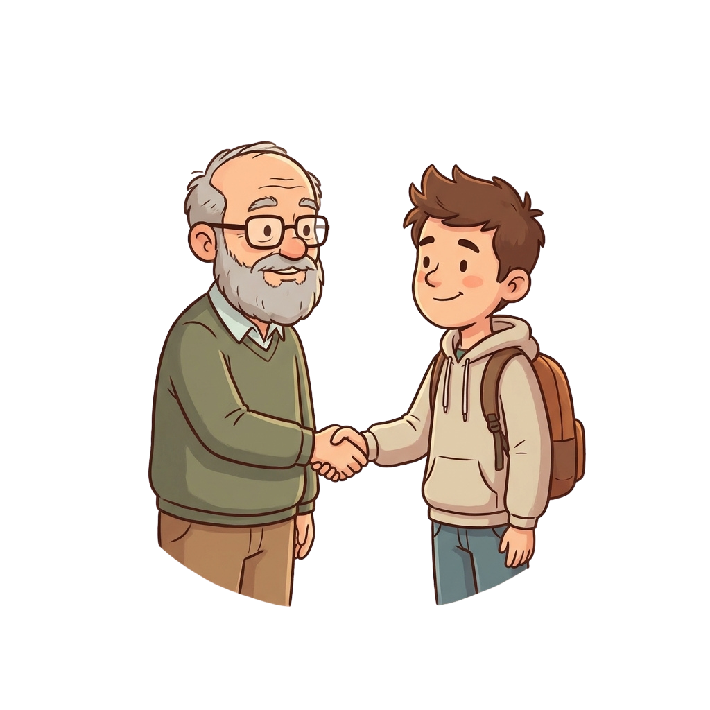 An elderly man with glasses shaking hands with a smiling young person wearing a backpack