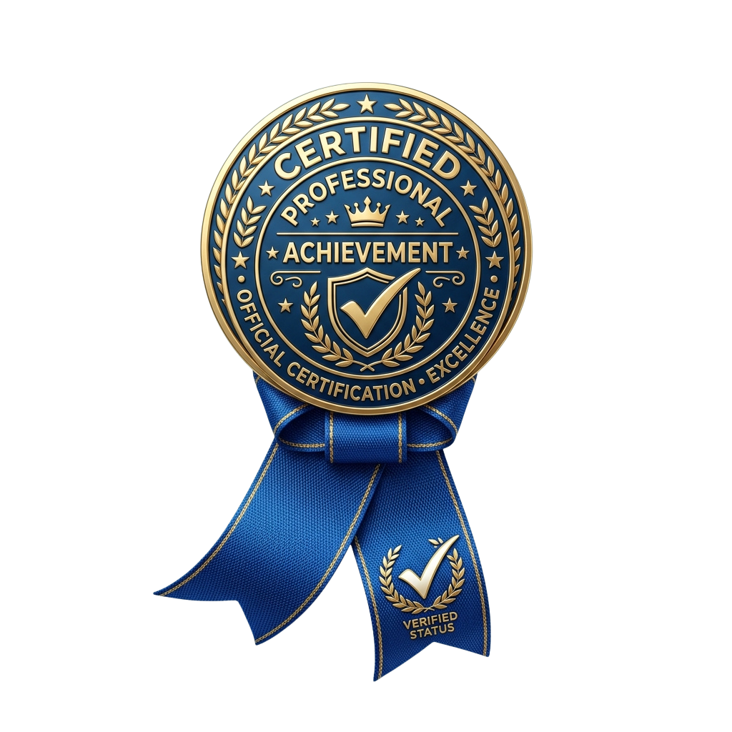 A blue ribbon badge with gold accents displaying Certified Professional Achievement and Official Certification Excellence