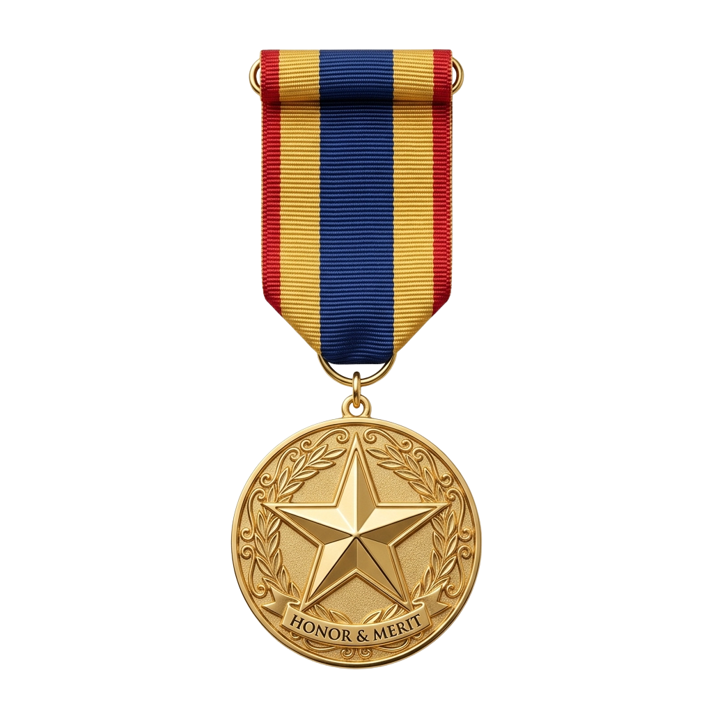 A gold-colored medal with a star and laurel wreath, ribbon in yellow, blue, and red stripes, labeled Honor & Merit