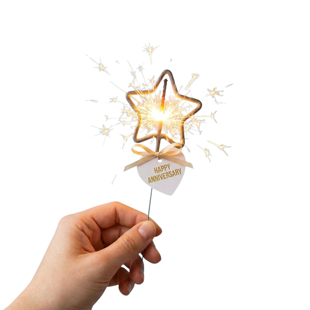 Hand holding a lit sparkler shaped like a star with Happy Anniversary tag