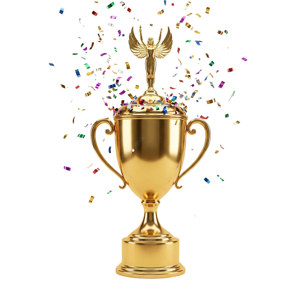 A shiny golden trophy with two handles and a winged figure on top, surrounded by colorful confetti.