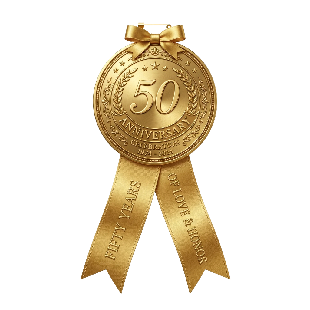 Golden ribbon badge celebrating 50 years of love and honor from 1974 to 2024