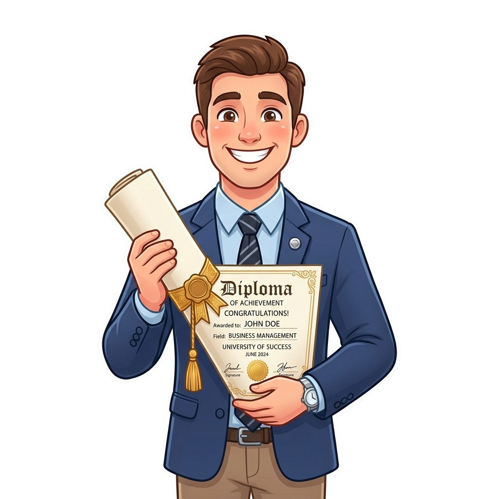 Smiling person in suit holding a rolled diploma and certificate for business management achievement