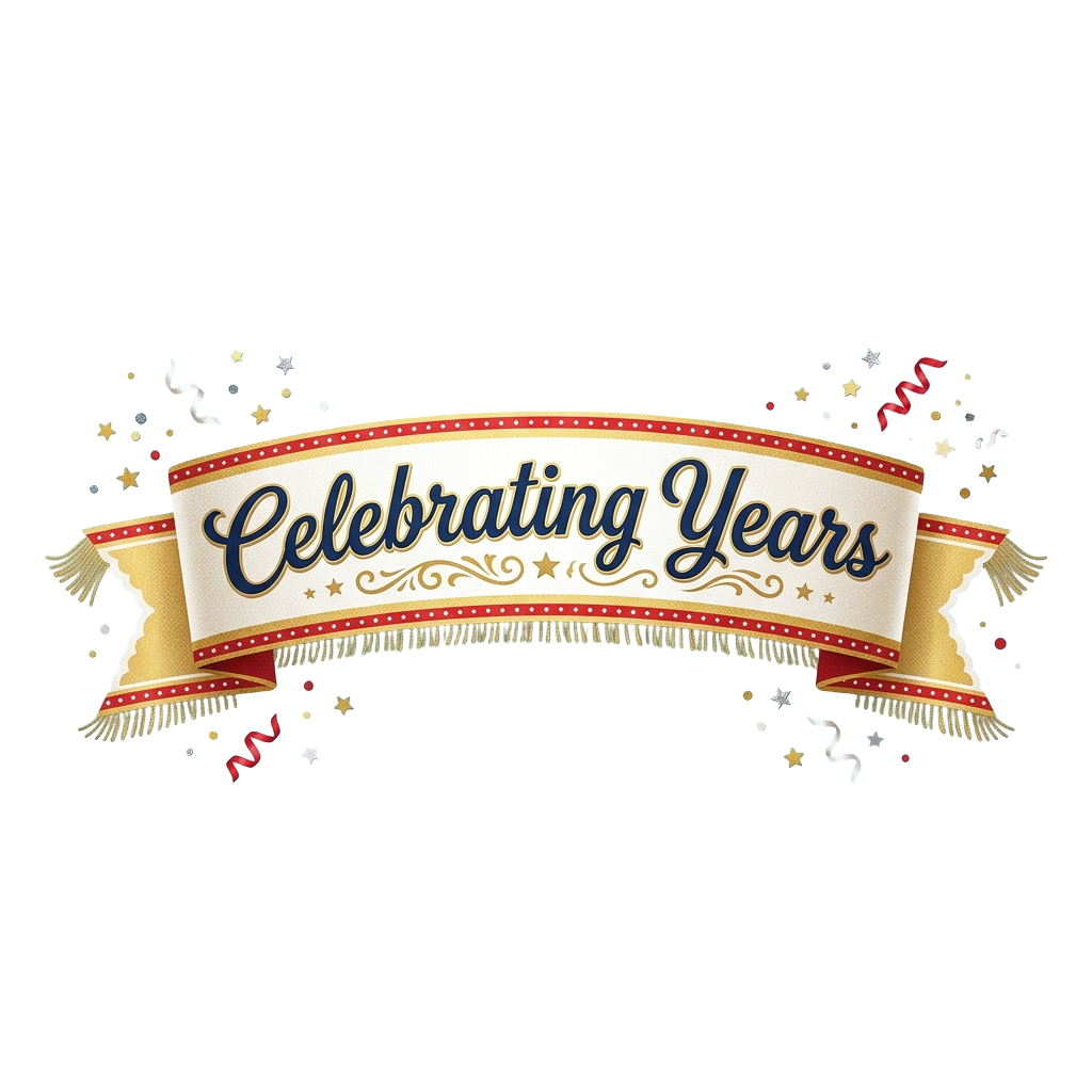 Decorative banner celebrating years with festive confetti and streamers