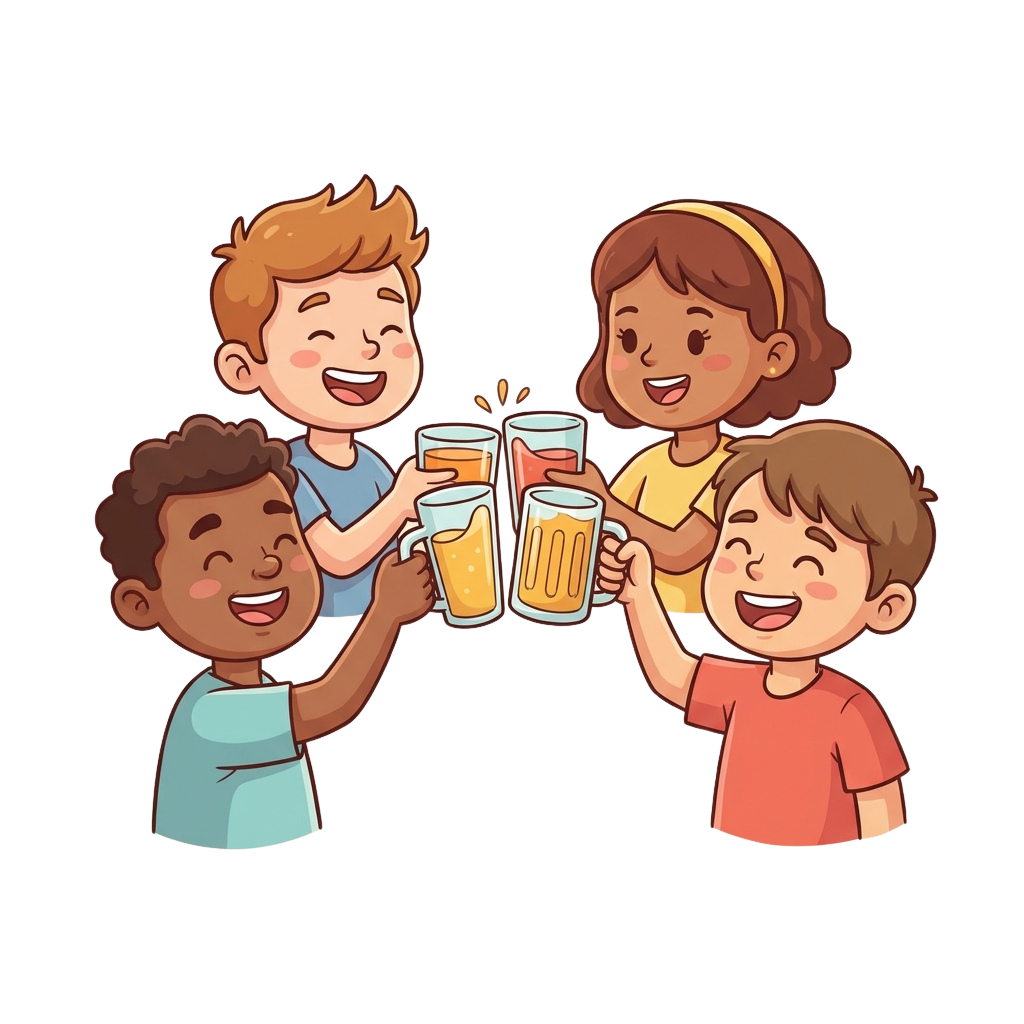Four smiling children clinking plastic cups filled with orange drinks together