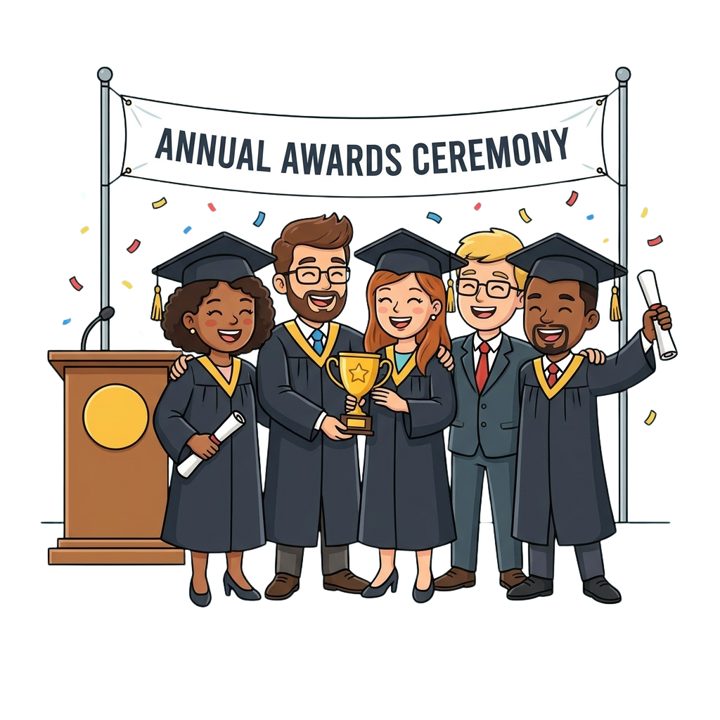Five graduates in caps and gowns smiling on stage at an awards ceremony with a banner and trophy