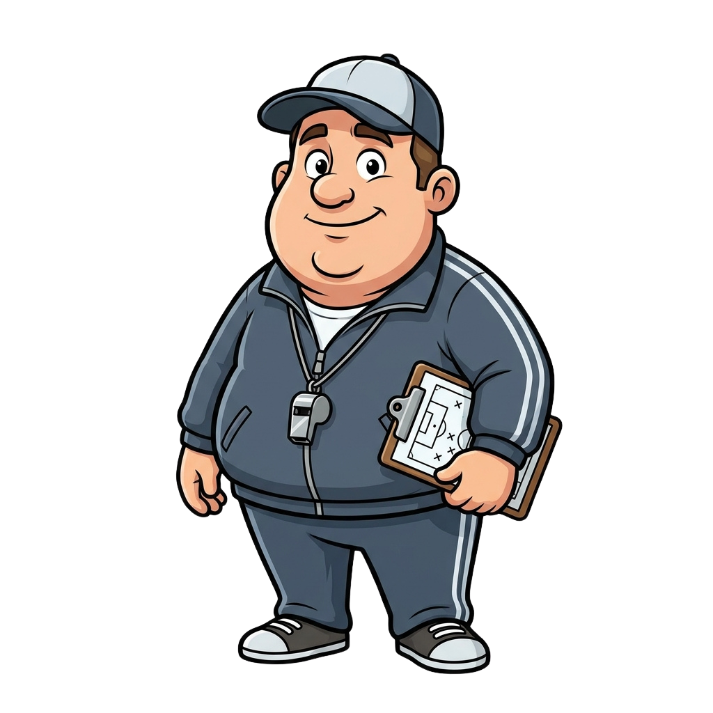 Smiling cartoon character in work uniform holding a clipboard and whistle