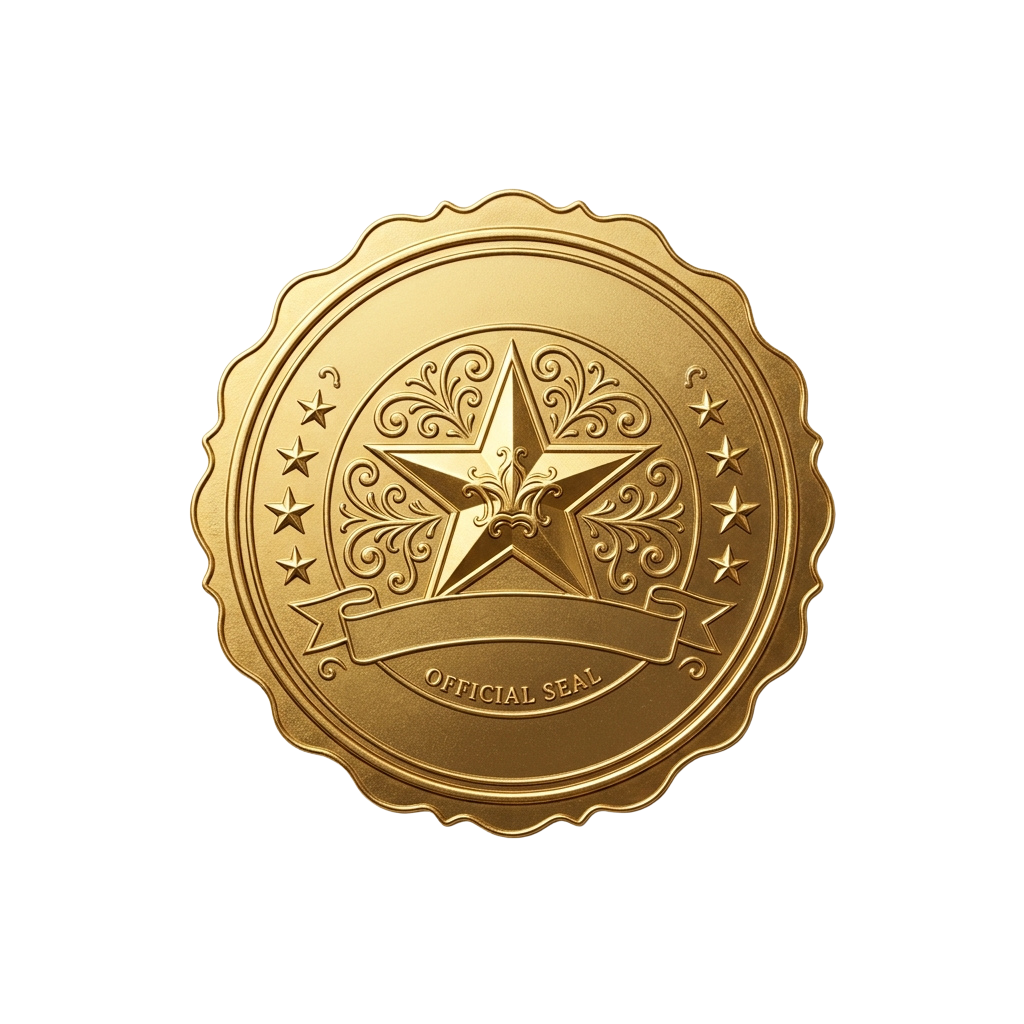 A gold-colored official seal featuring a star, floral patterns, and the text Official Seal.