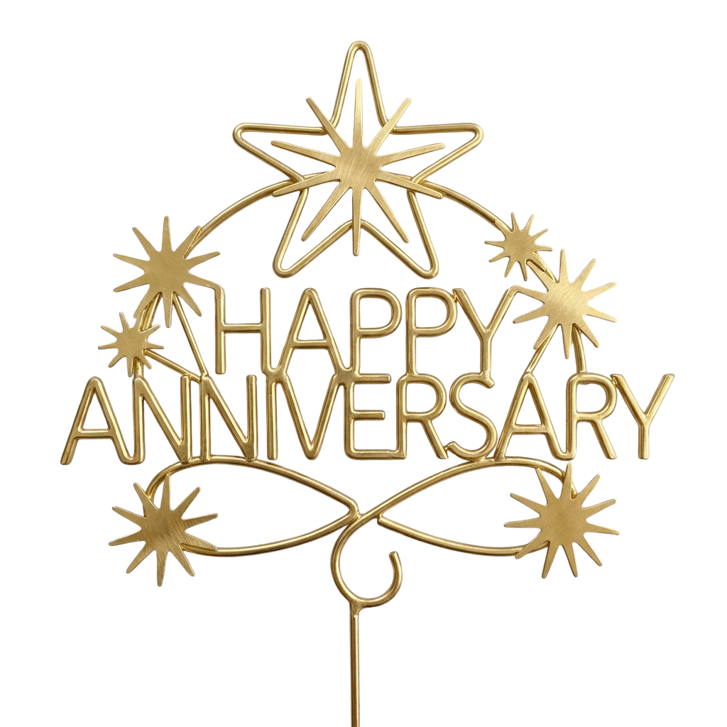 Gold anniversary cake topper displaying Happy Anniversary with decorative stars and swirls