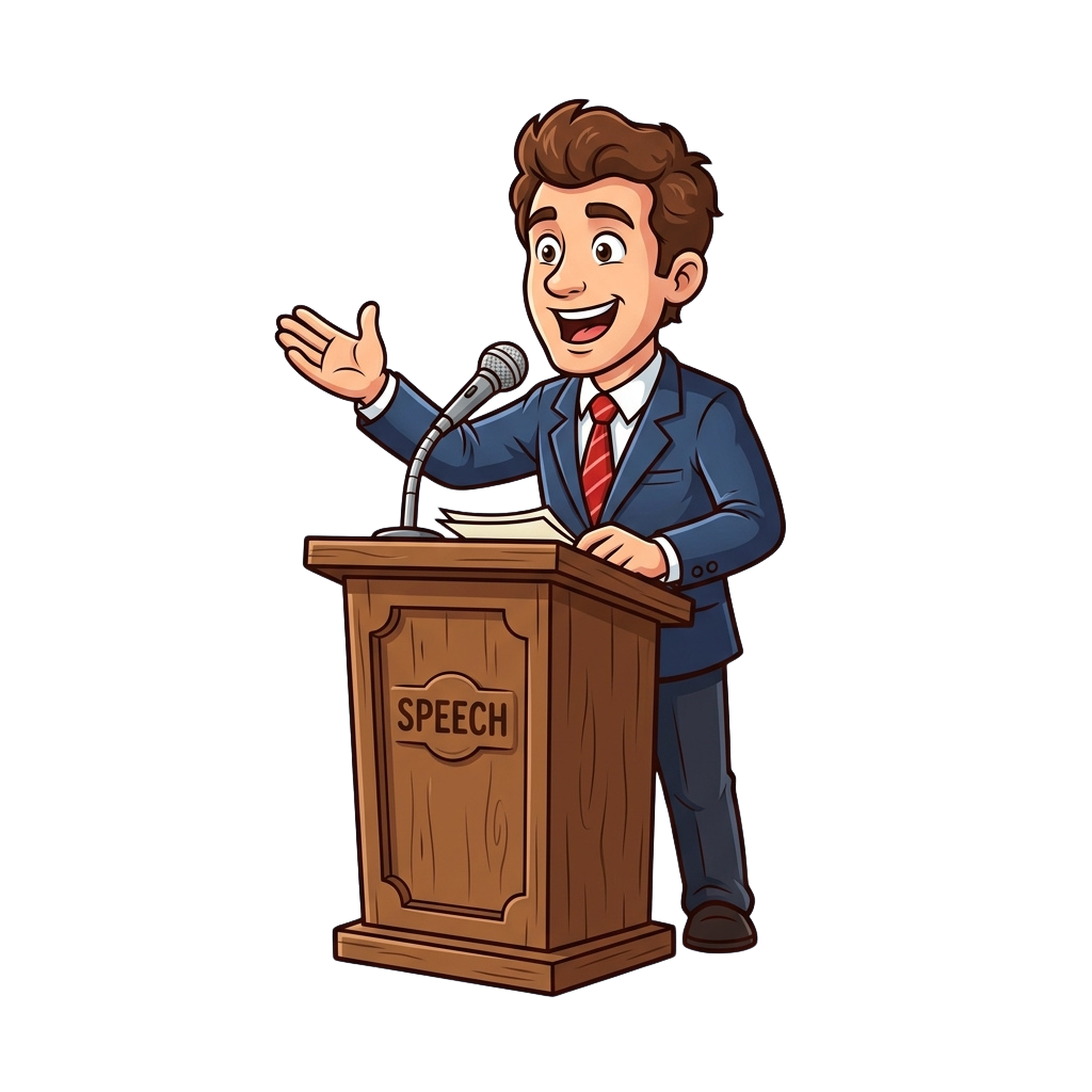 Animated man in suit smiling and speaking into a microphone at a podium labeled SPEECH