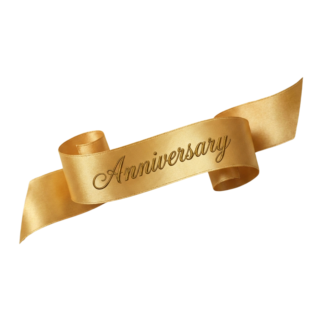 A gold satin ribbon tied in a bow with the word Anniversary written in cursive script