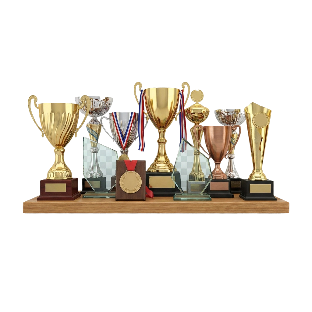 Eight trophies and medals arranged on a wooden shelf with ribbons and plaques