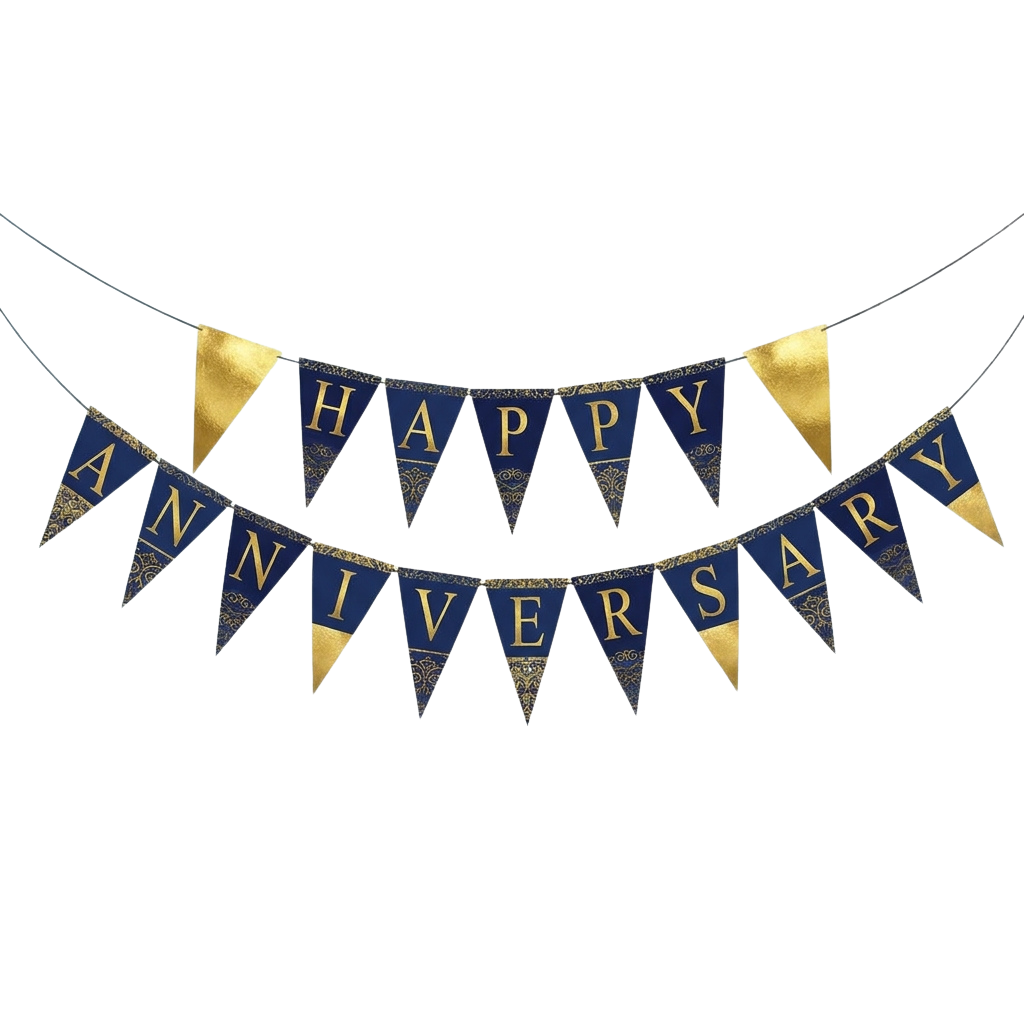 Triangular banner garland spelling Happy Anniversary in blue and gold with decorative patterns
