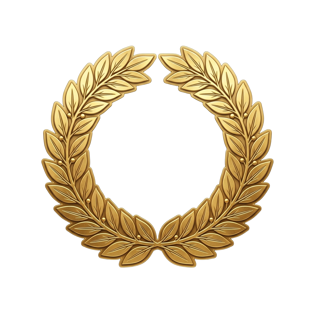 A detailed golden laurel wreath symbol on a black background