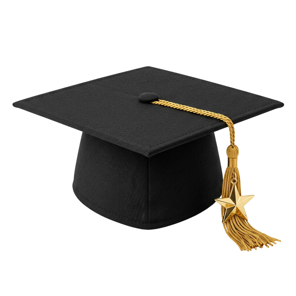 Black graduation cap featuring a gold tassel hanging from the right side