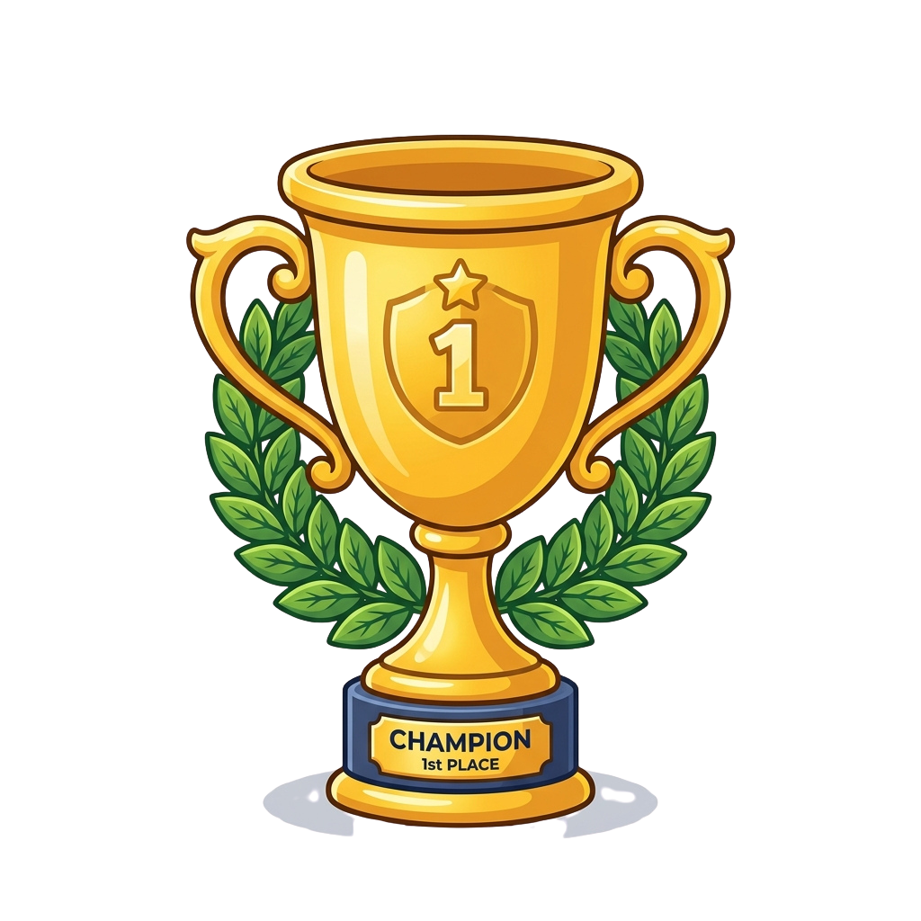 A golden trophy with a laurel wreath and a shield displaying the number 1, labeled Champion 1st Place