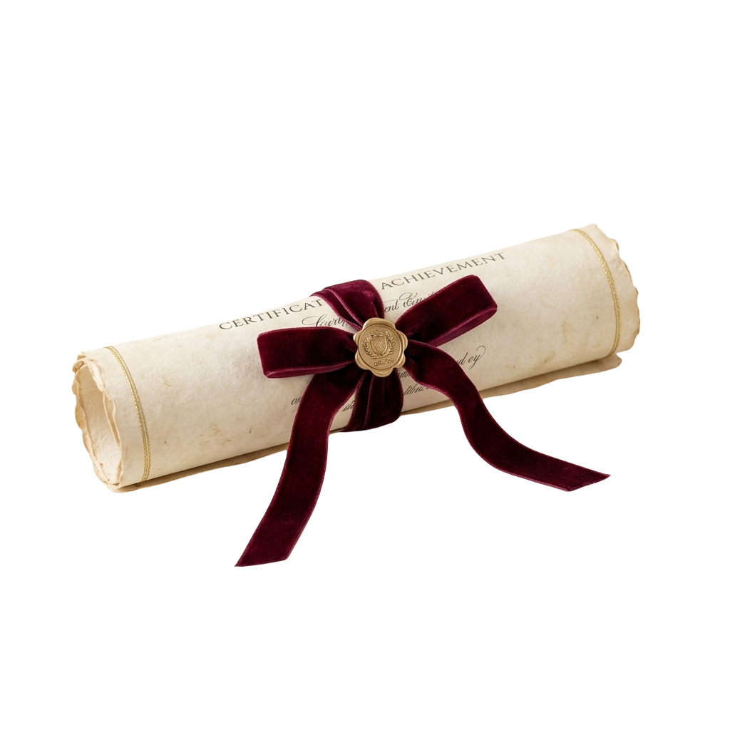 A rolled diploma or certificate tied with a burgundy velvet ribbon and a decorative seal.