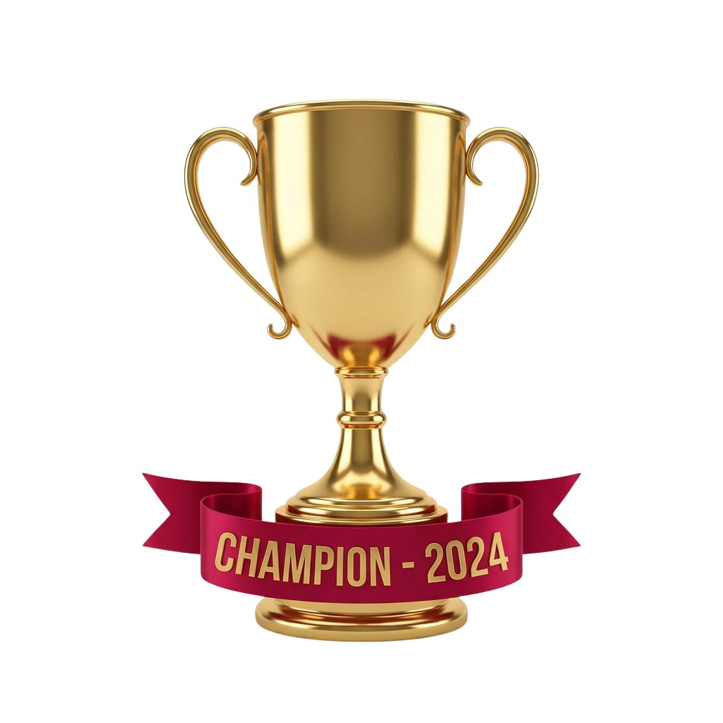 A shiny gold trophy with two handles and a red ribbon banner displaying Champion 2024