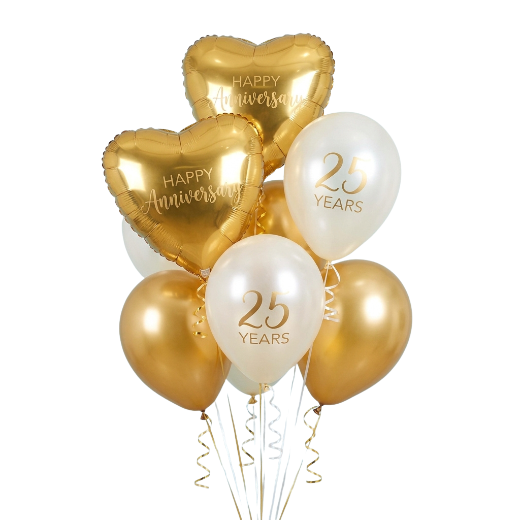A bouquet of gold and white balloons celebrating a 25th anniversary with heart and number balloons