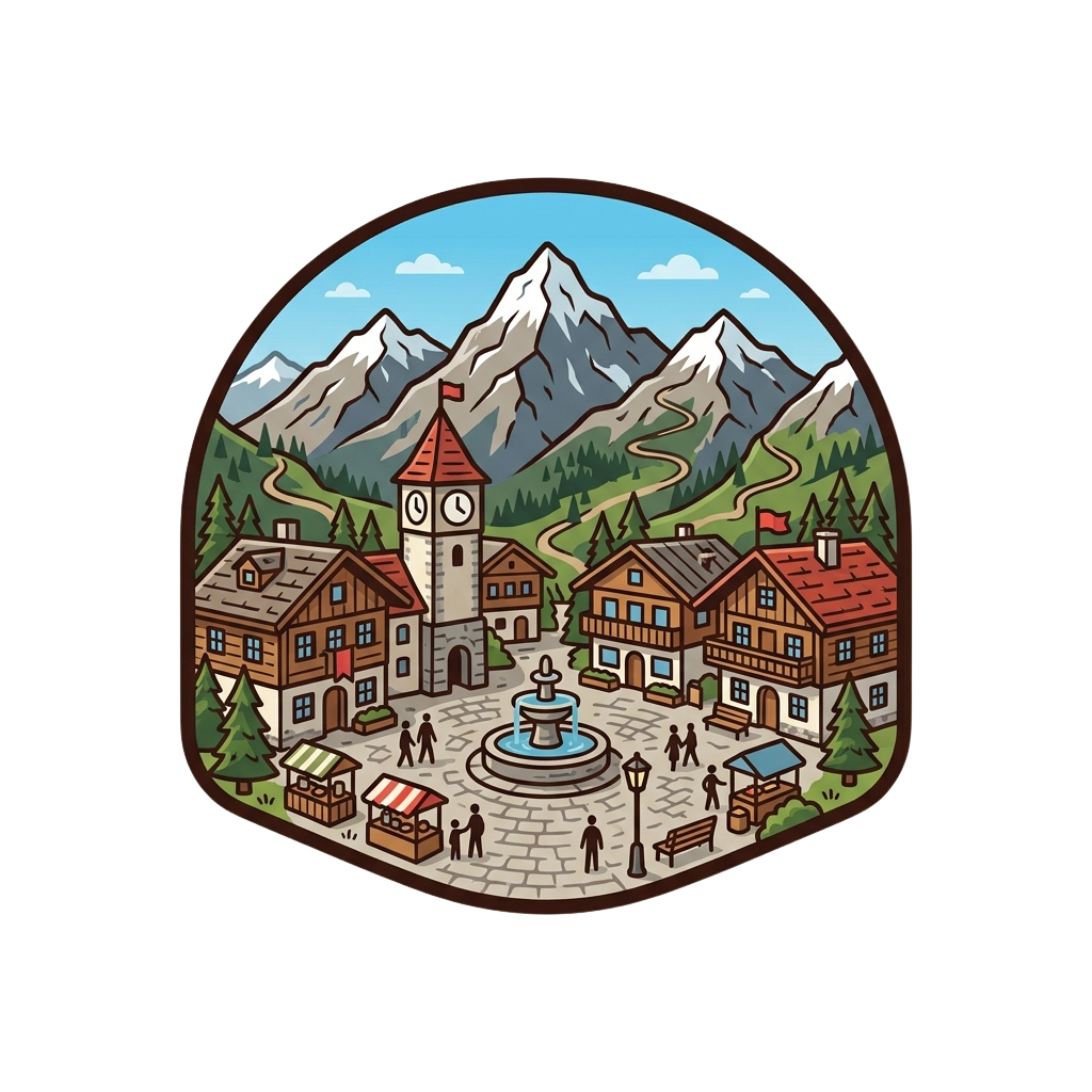 Illustration of a picturesque alpine village with a clock tower, houses, fountain, and winding mountain roads