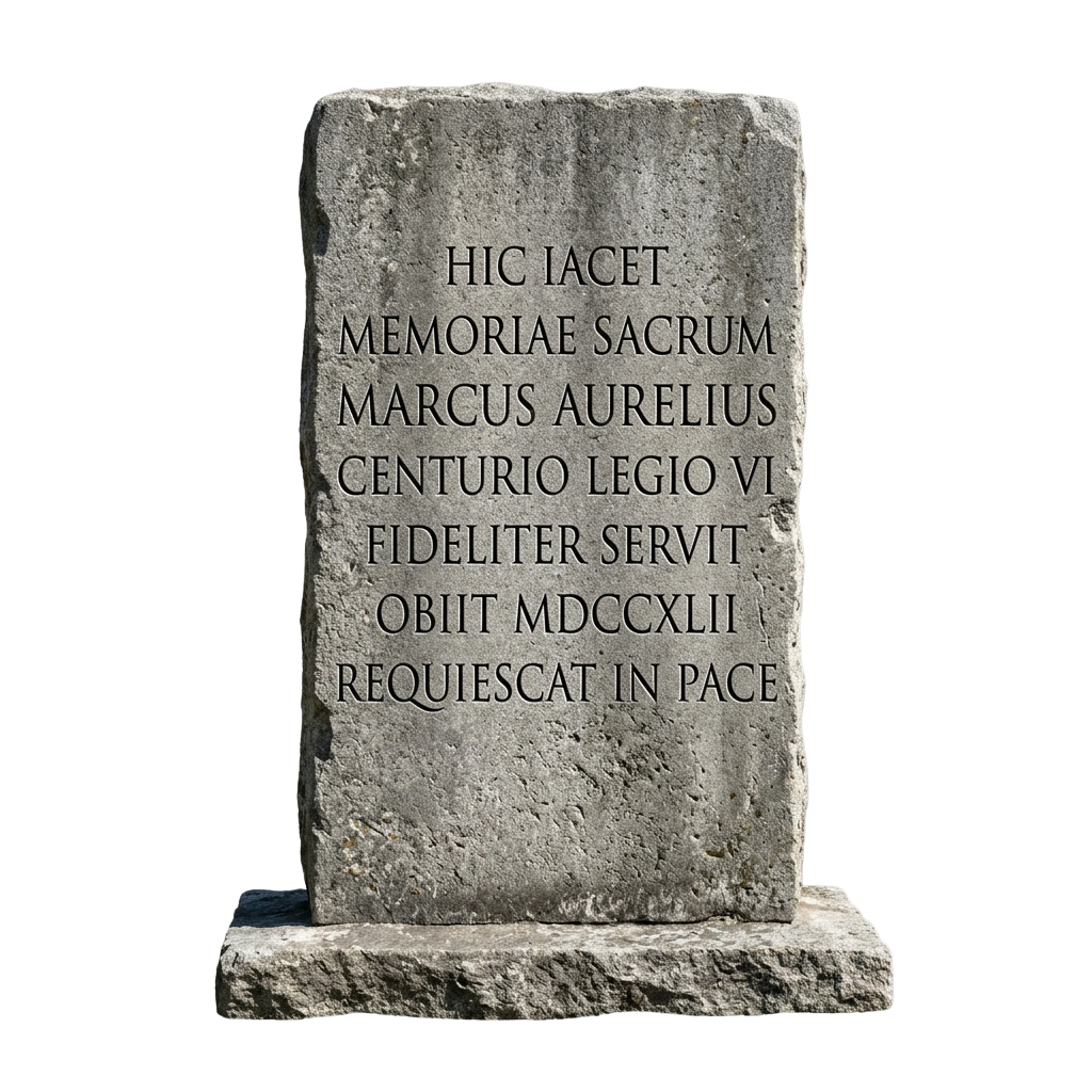 Stone tablet with Latin inscription honoring Marcus Aurelius, a centurion of the 6th Legion, detailing his service and death year