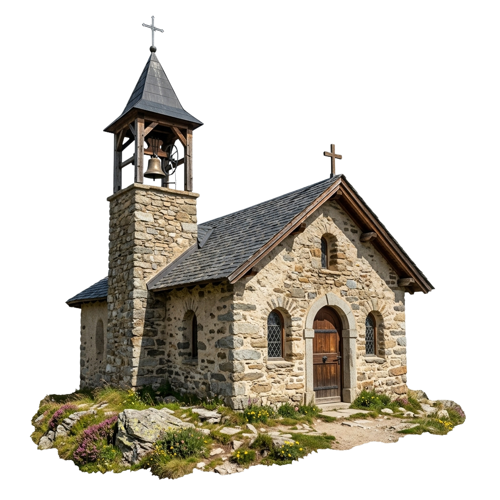 A rustic stone church featuring a wooden door, arched windows, and a bell tower topped with a cross