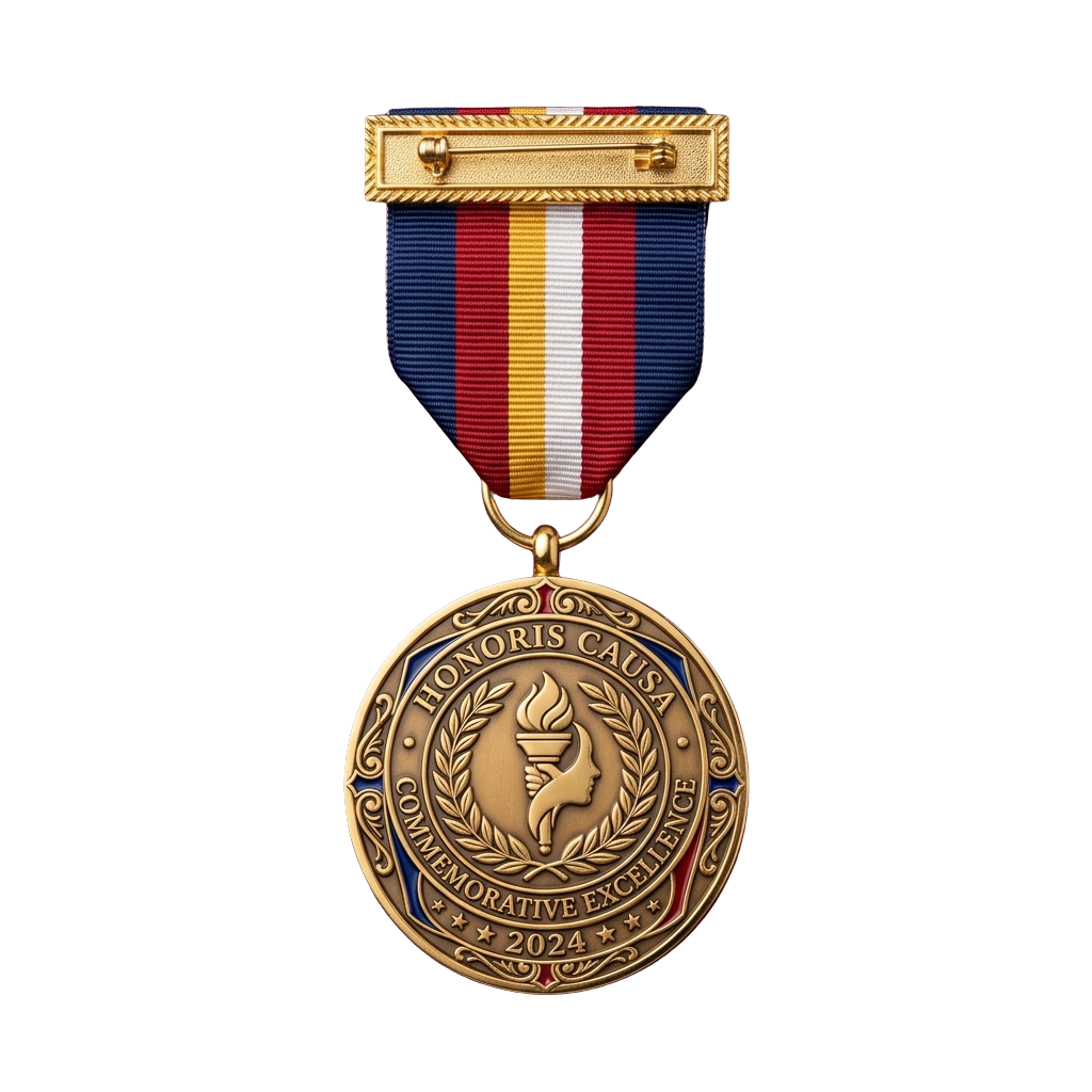 Gold academic honoris causa medal with laurel wreath and torch emblem on ribbon with red, white, blue, and yellow stripes