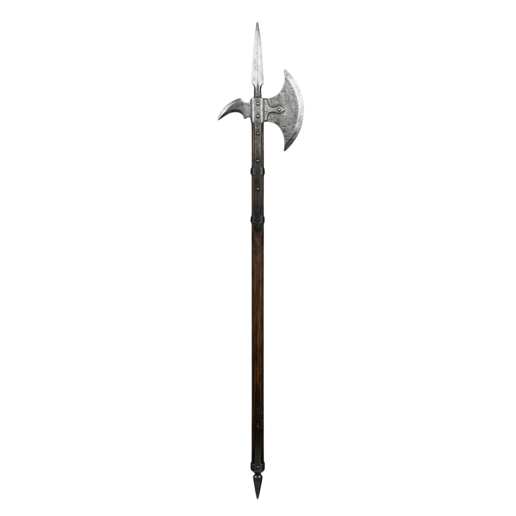 An antique-style battle axe with a double-edged blade and intricately designed metal head on a wooden handle.